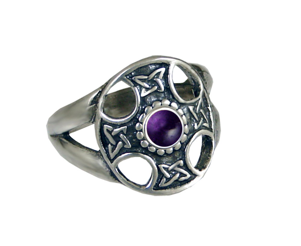 Sterling Silver Celtic Solar Cross Ring with an Amethyst Size 7